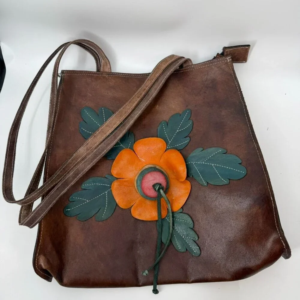 Vintage Handmade Tooled Leather Flower Tote Bag Boho Hippie Artisan Brown
